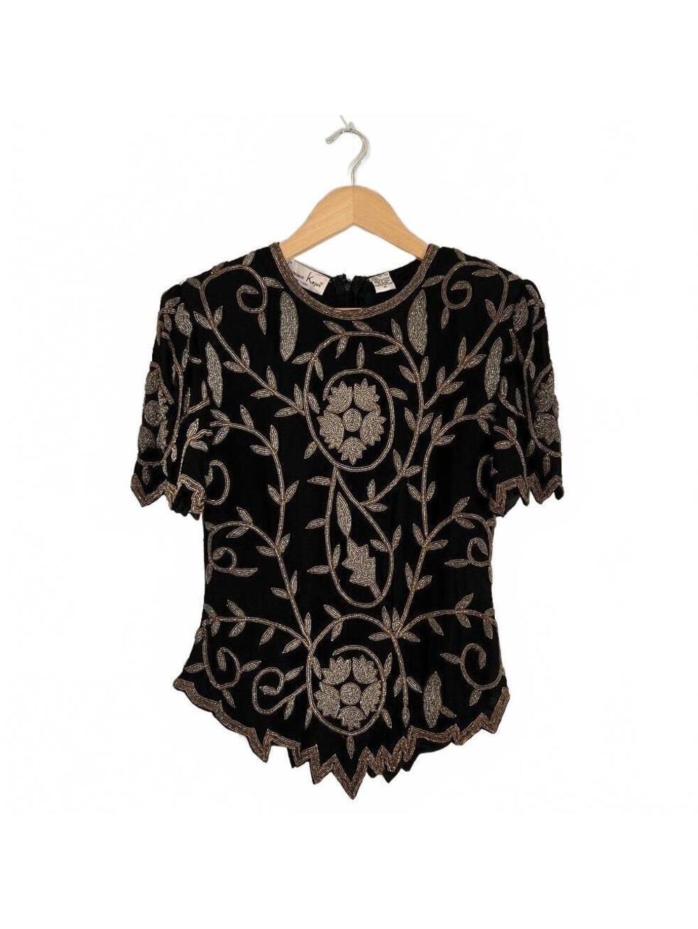 Vintage Laurence Kazar Black Silk Gild Beaded Floral Evening Blouse